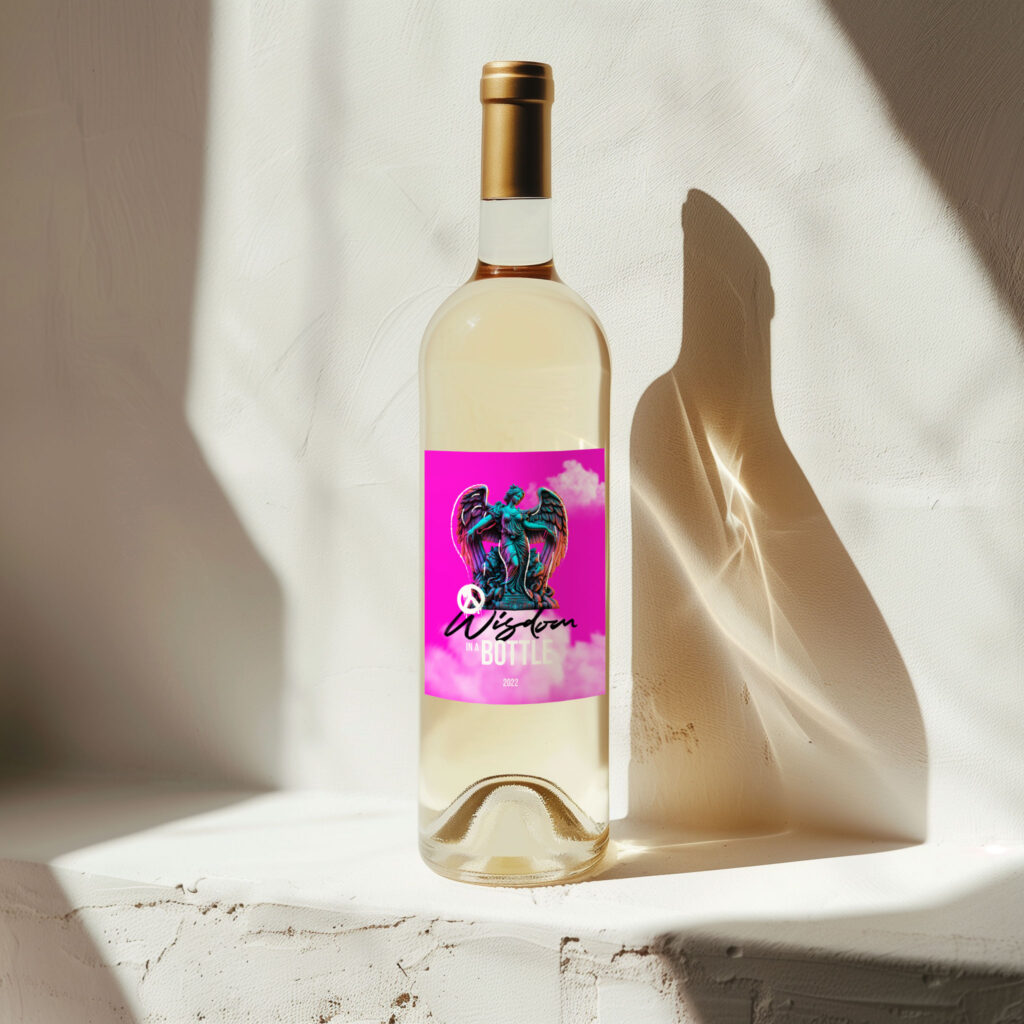 Bottle of white wine with a pink floral label, placed beside an empty wine glass on a neutral background.